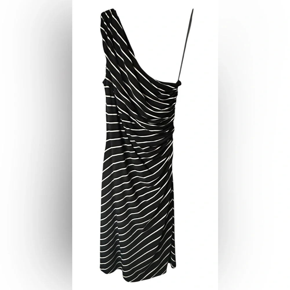 Ralph Lauren One Shoulder Cream Black Striped Ruched Stretch Dress Cocktail Sz 6